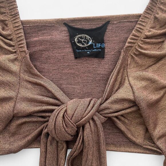 Blue Life x Revolve Bronze Metallic Fairycore Peasant Tie-Front Top – Boho M - Picture 2 of 5